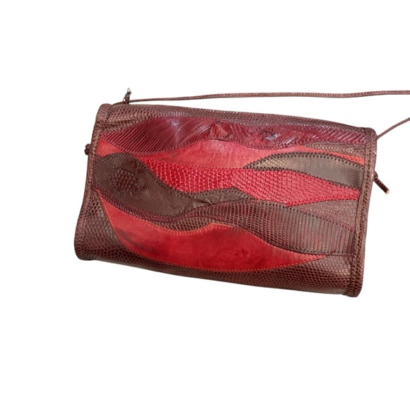 Vintage 1970’s Carlos Falchi Red-Brown PatchWork Leather Crossbody Bag Purse - Picture 12 of 16